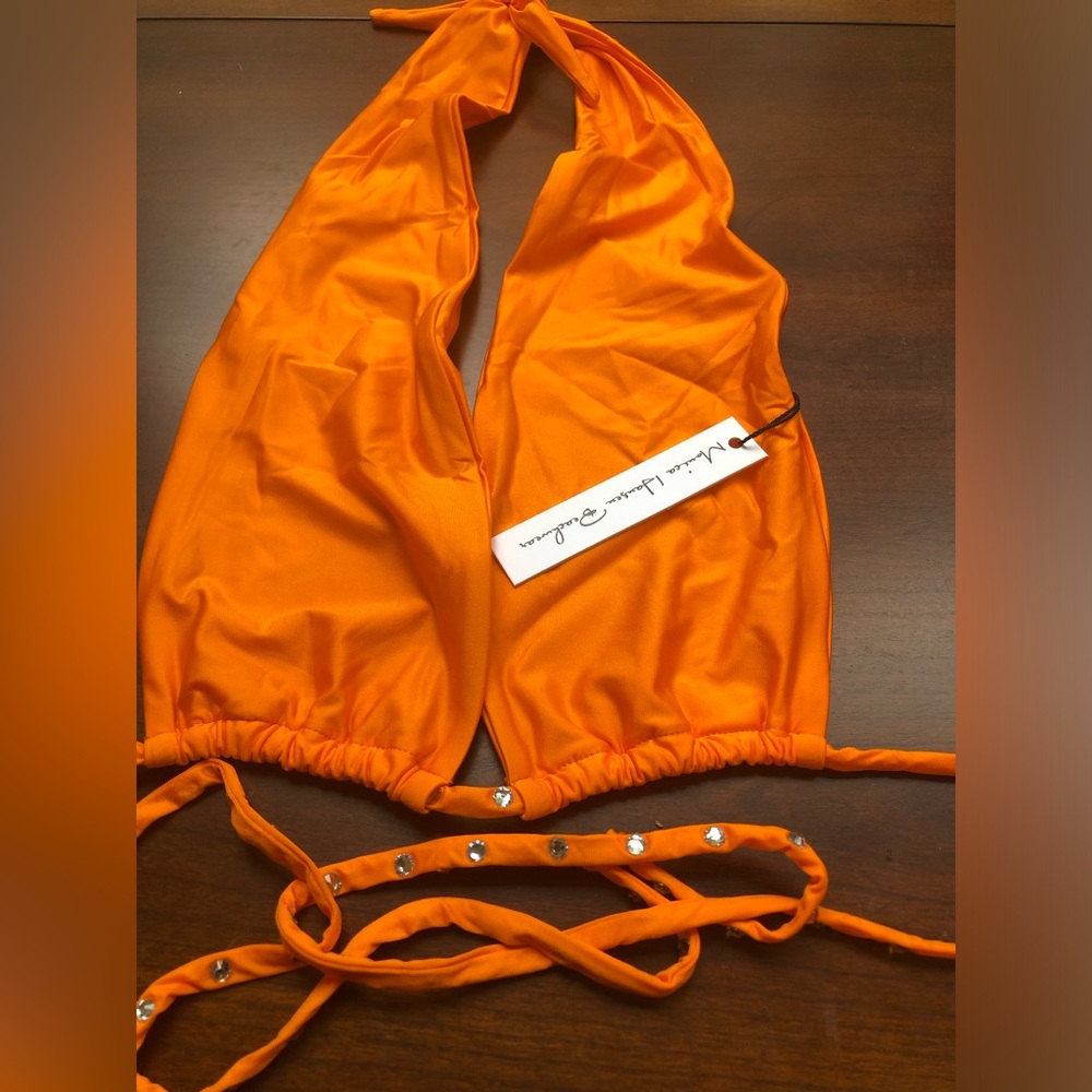 NWT Monica Hansen Silver Crystal Studded Orange Tie-Back Halter Bikini Top